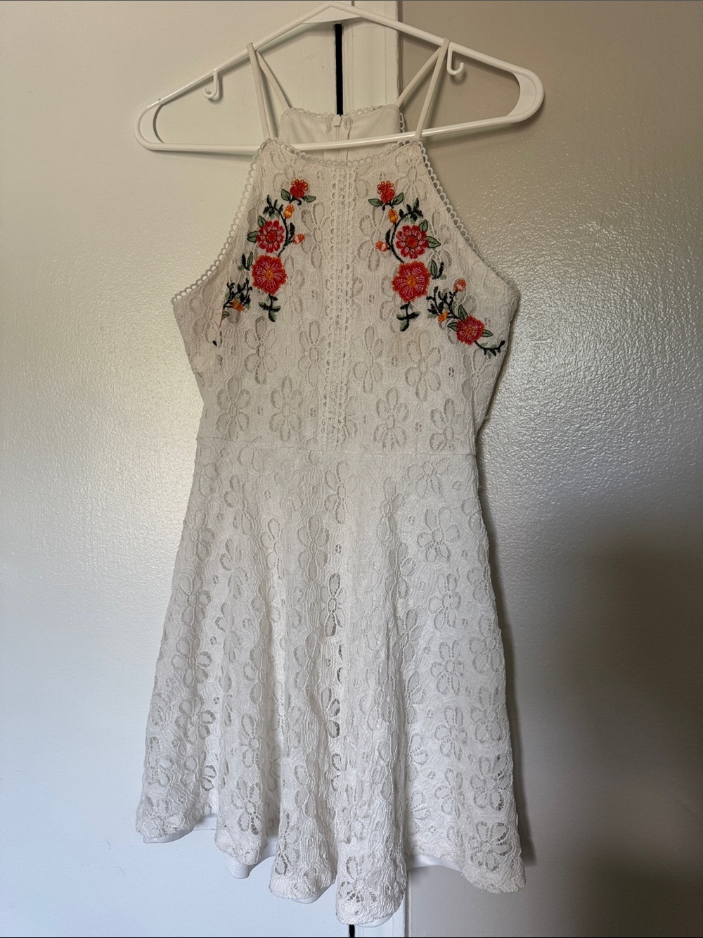 Altar'd State White Lace Halter Dress with Red Floral Embroidery